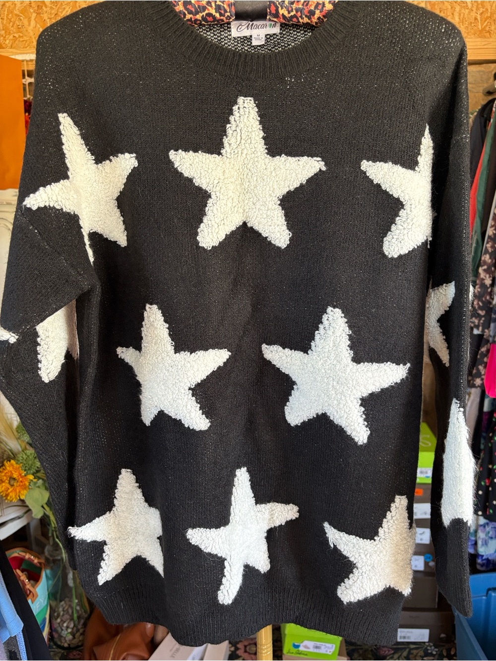 MACARON NWT Black Sweater with White Star Pattern